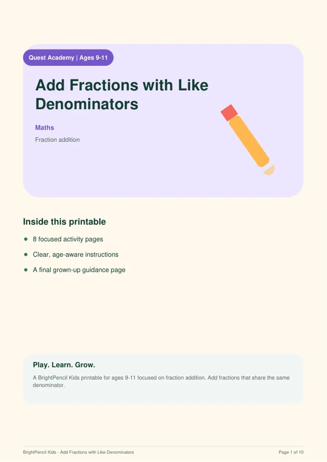 Add Fractions with Like Denominators free printable worksheet preview