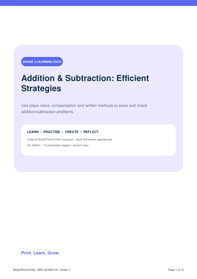 Addition & Subtraction: Efficient Strategies free printable worksheet preview