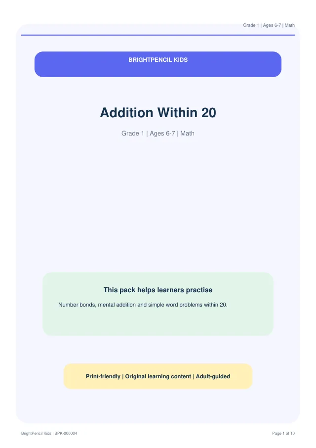 Addition Within 20 free printable worksheet preview