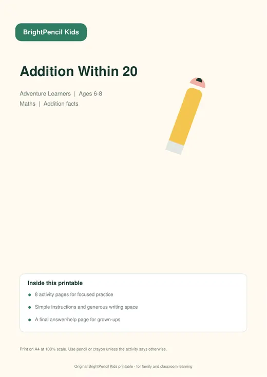 Addition Within 20 printable