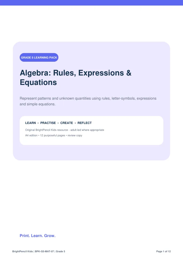 Algebra: Rules, Expressions & Equations free printable worksheet preview
