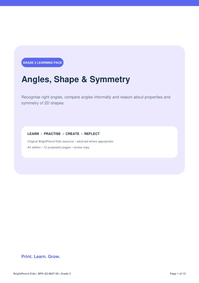 Angles, Shape & Symmetry free printable worksheet preview