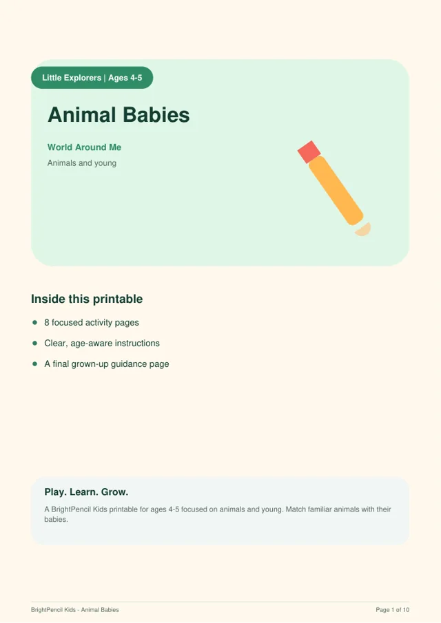 Animal Babies free printable worksheet preview