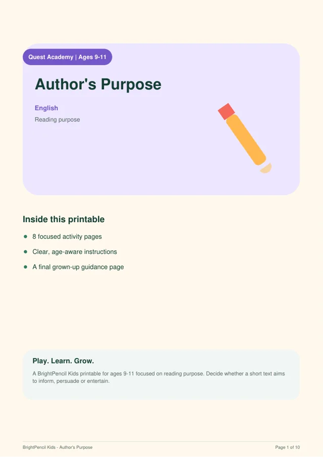 Author's Purpose free printable worksheet preview