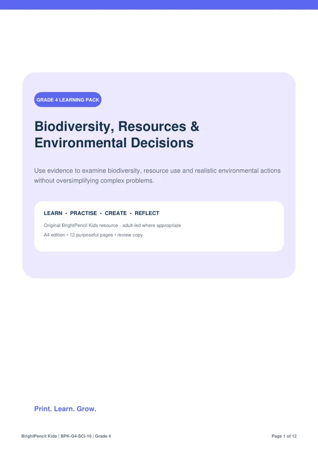 Biodiversity, Resources & Environmental Decisions free printable worksheet preview