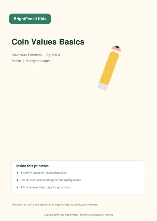 Coin Values Basics free printable worksheet preview