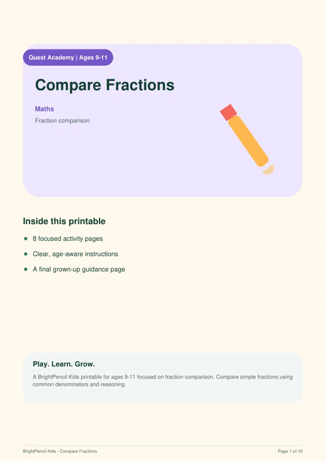 Compare Fractions free printable worksheet preview
