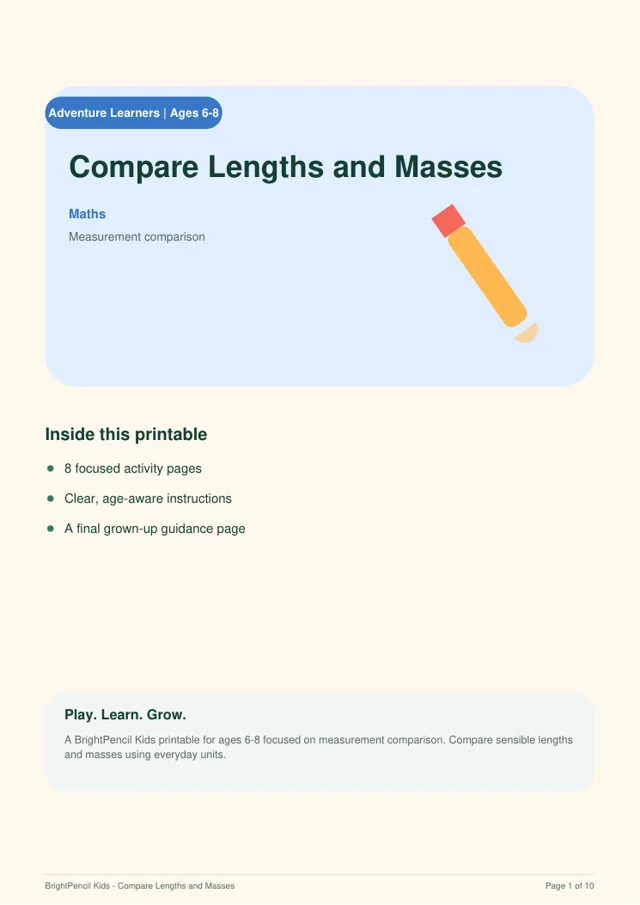 Compare Lengths and Masses free printable worksheet preview