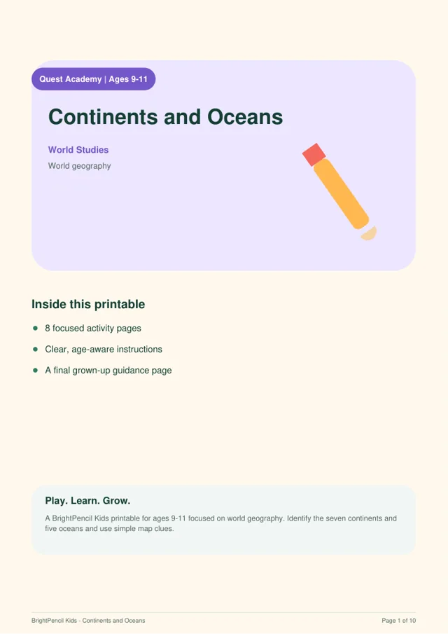 Continents and Oceans free printable worksheet preview