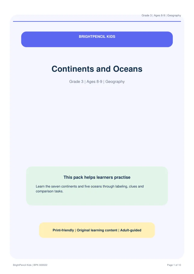 Continents and Oceans free printable worksheet preview
