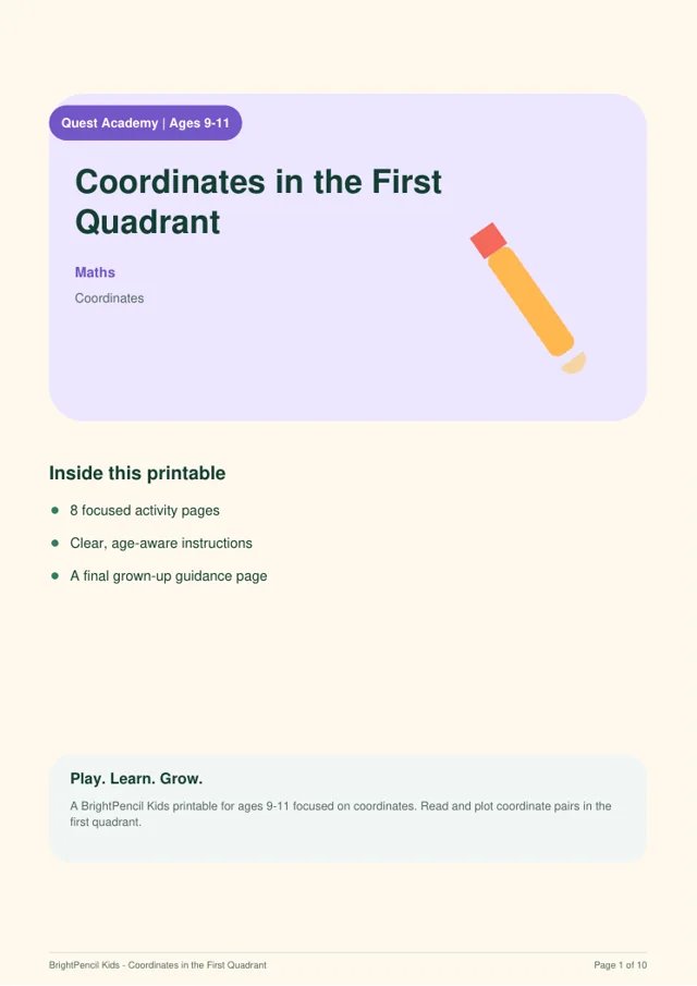 Coordinates in the First Quadrant free printable worksheet preview