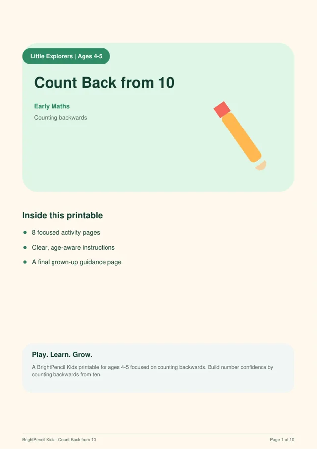 Count Back from 10 free printable worksheet preview