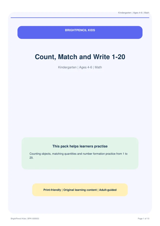 Count, Match and Write 1-20 free printable worksheet preview