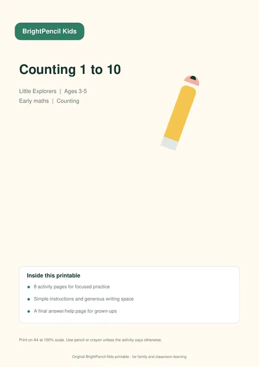 Counting 1 to 10 free printable worksheet preview