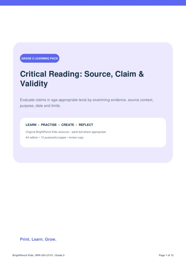 Critical Reading: Source, Claim & Validity free printable worksheet preview