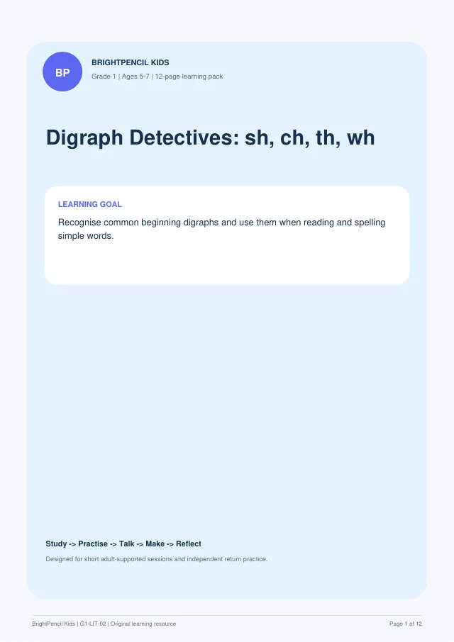 Digraph Detectives: sh, ch, th, wh free printable worksheet preview