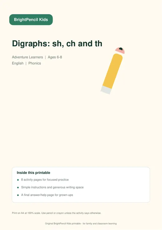 Digraphs: sh, ch and th free printable worksheet preview