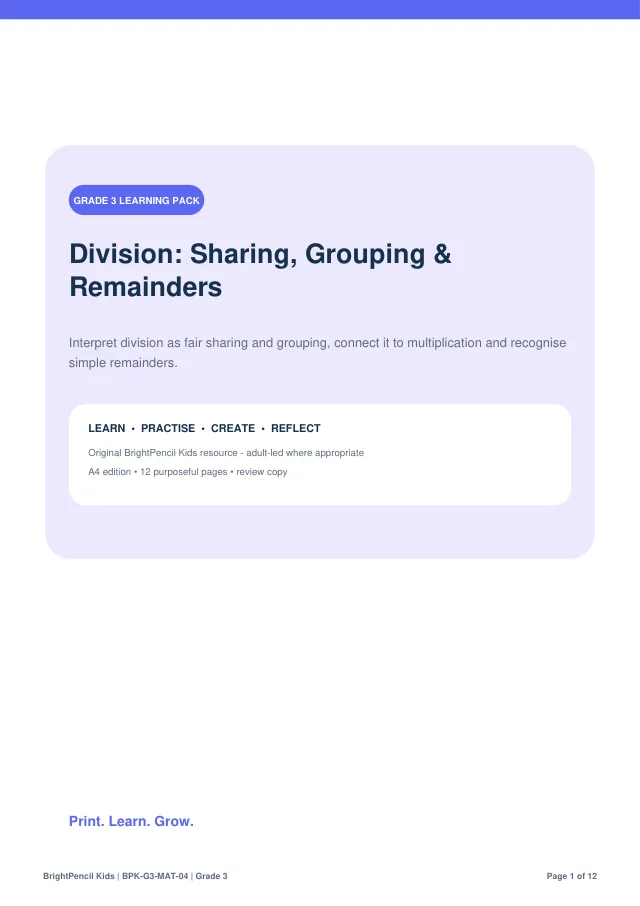 Division: Sharing, Grouping & Remainders free printable worksheet preview