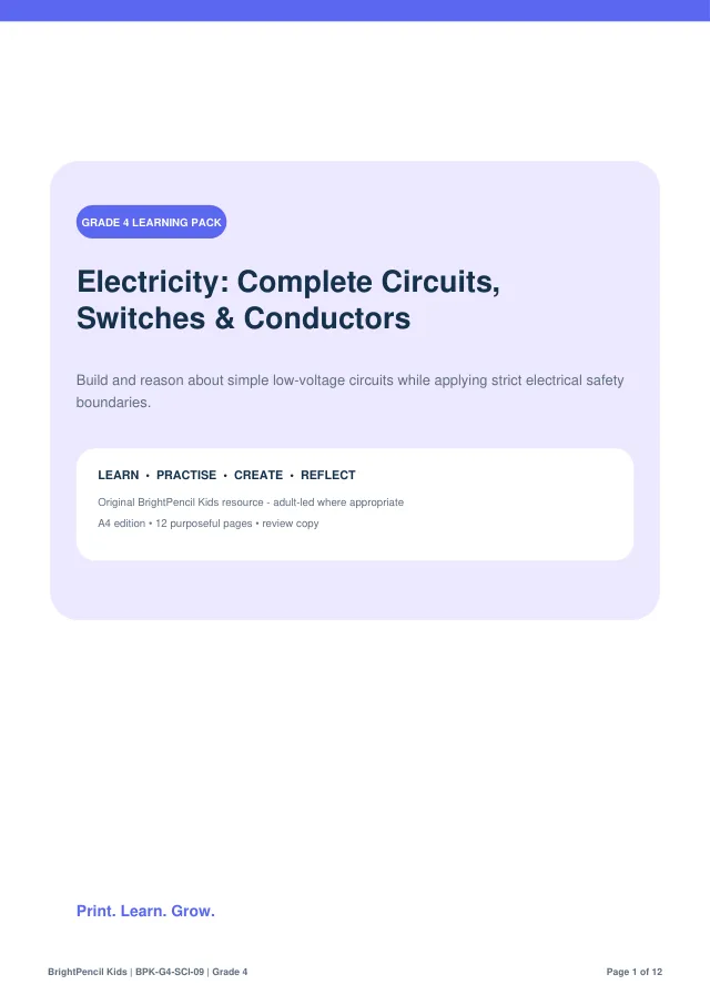 Electricity: Complete Circuits, Switches & Conductors free printable worksheet preview