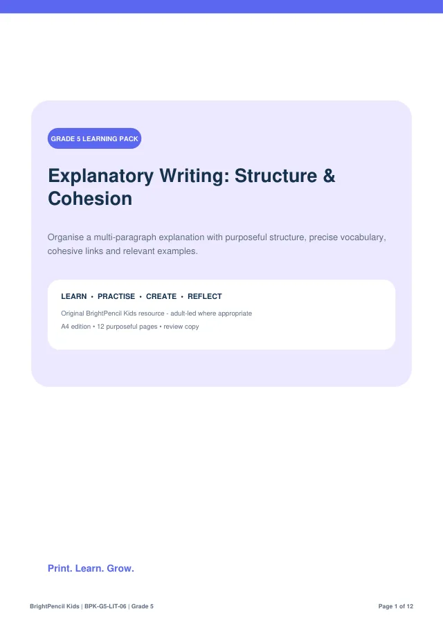 Explanatory Writing: Structure & Cohesion free printable worksheet preview