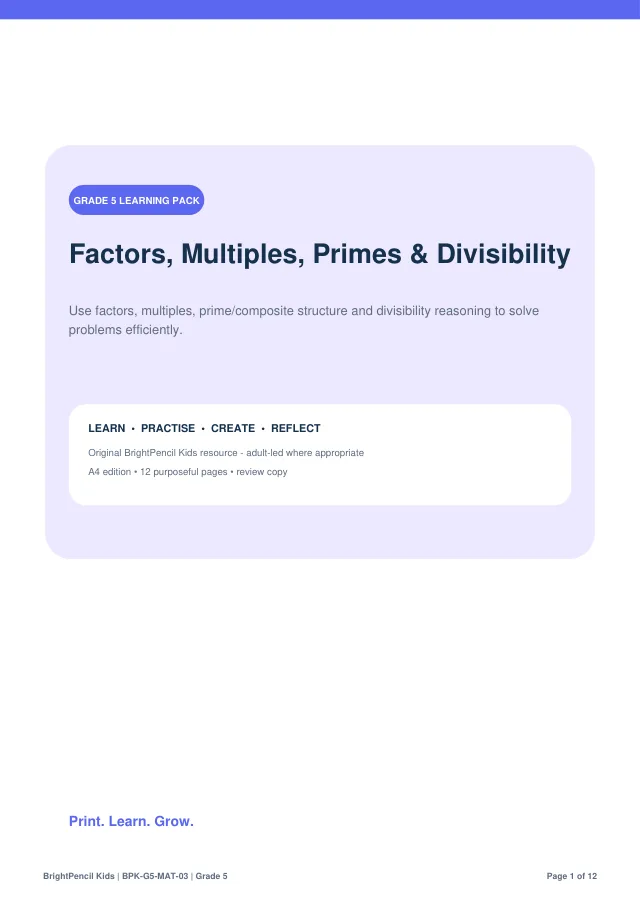 Factors, Multiples, Primes & Divisibility free printable worksheet preview