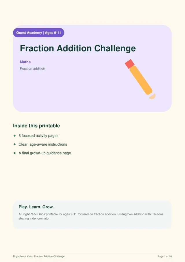 Fraction Addition Challenge free printable worksheet preview