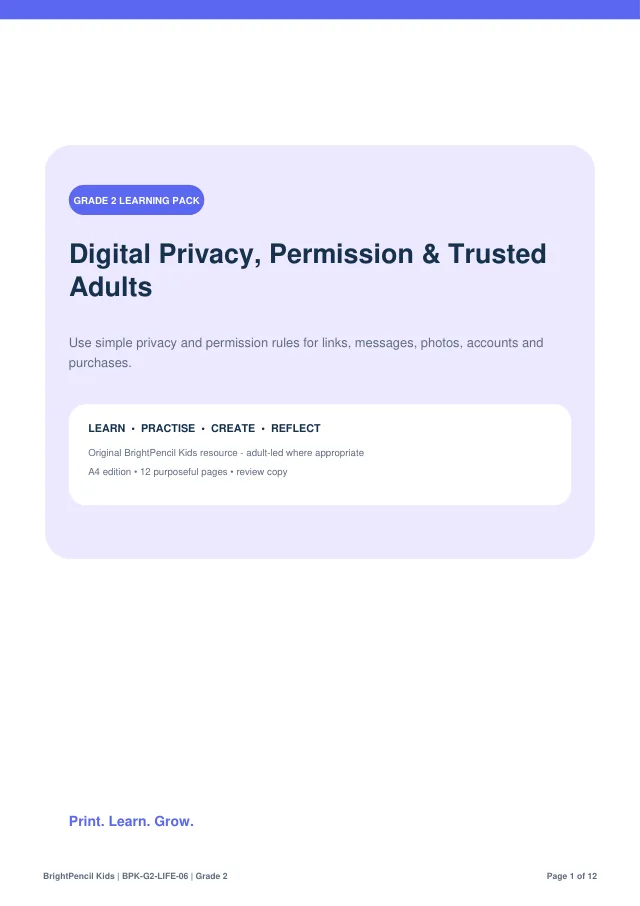 Digital Privacy, Permission & Trusted Adults free printable worksheet preview