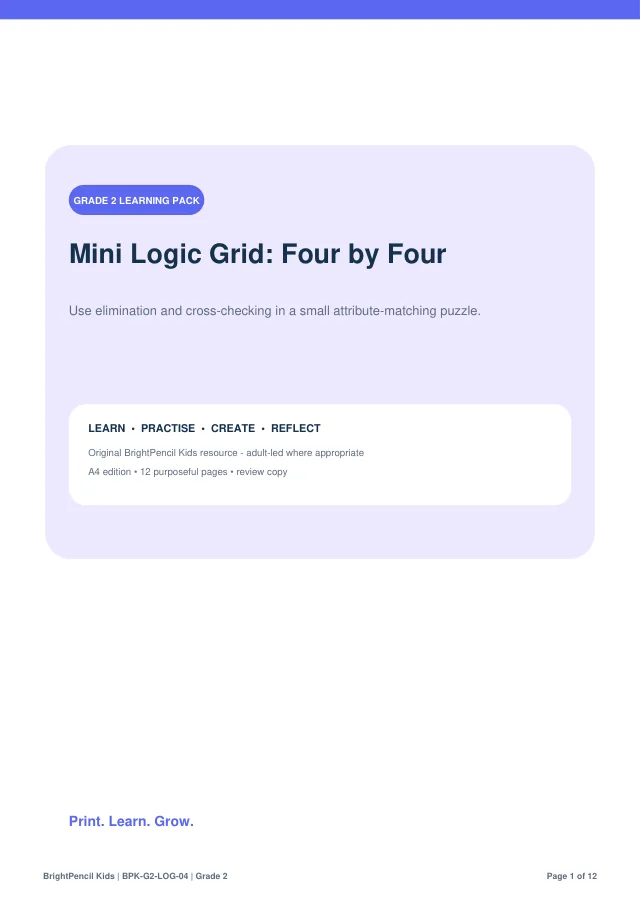 Mini Logic Grid: Four by Four free printable worksheet preview