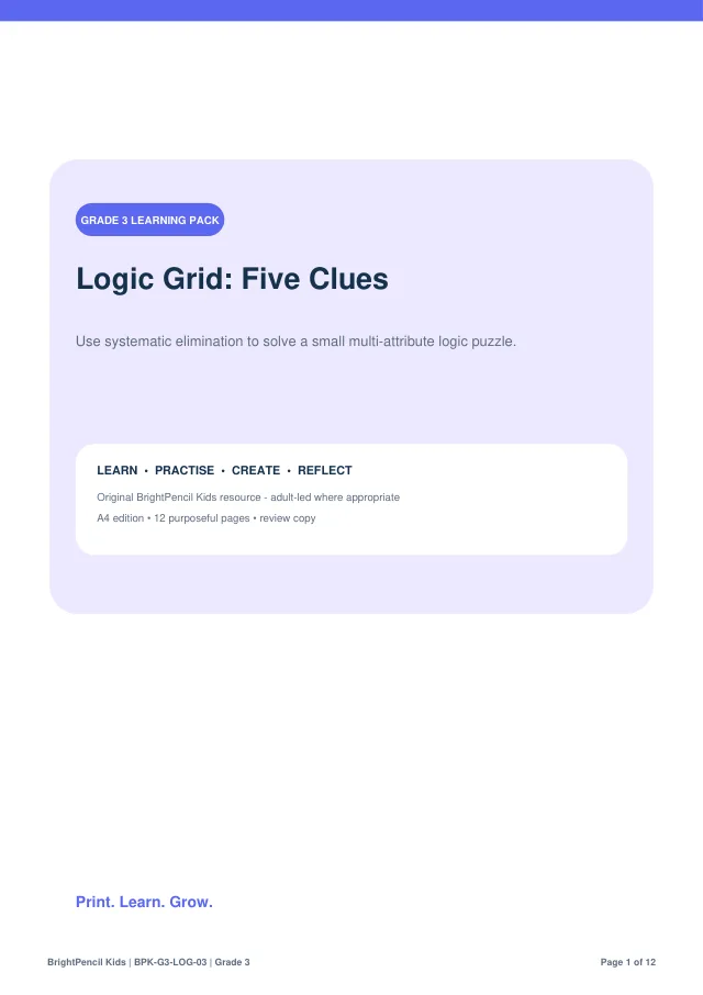 Logic Grid: Five Clues free printable worksheet preview