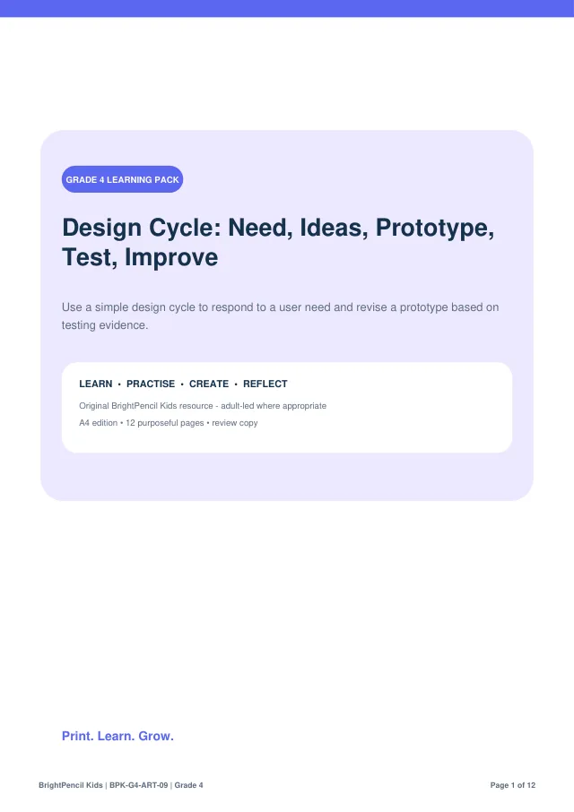 Design Cycle: Need, Ideas, Prototype, Test, Improve free printable worksheet preview