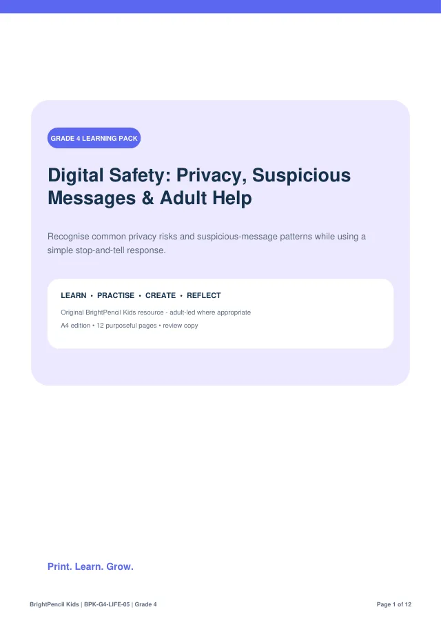 Digital Safety: Privacy, Suspicious Messages & Adult Help free printable worksheet preview