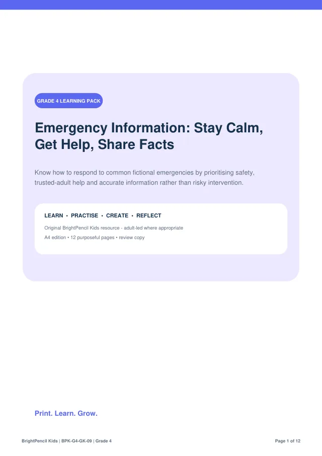 Emergency Information: Stay Calm, Get Help, Share Facts free printable worksheet preview