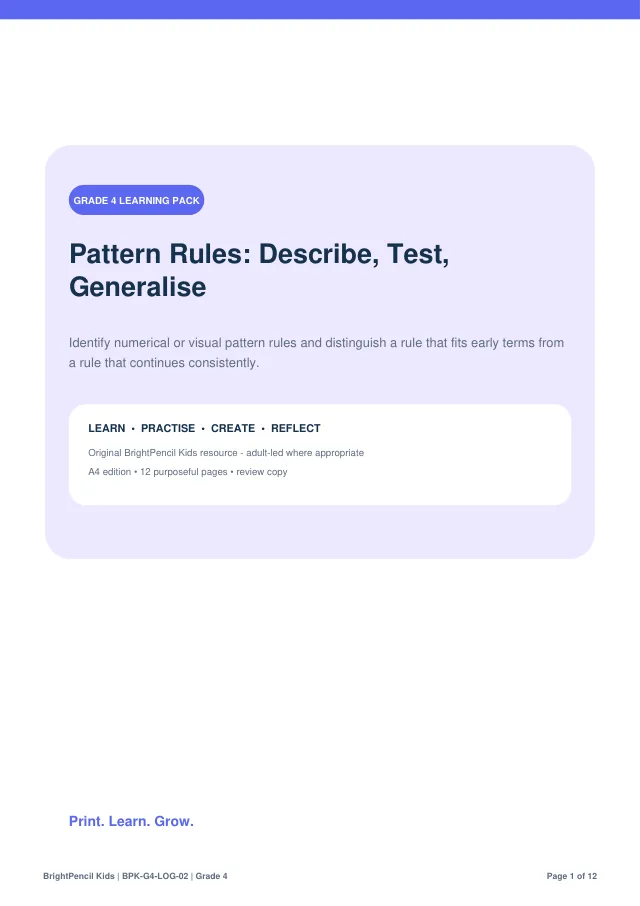 Pattern Rules: Describe, Test, Generalise free printable worksheet preview