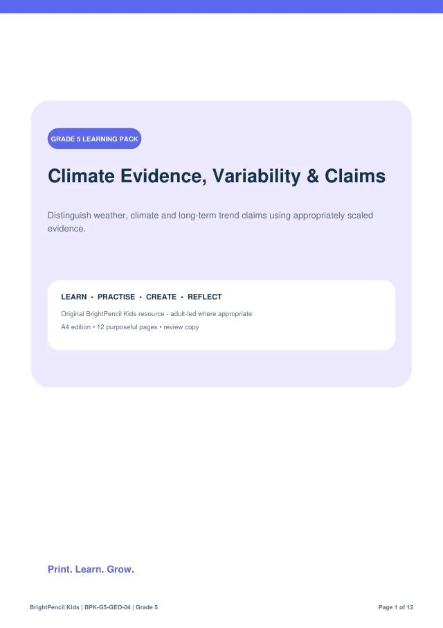 Climate Evidence, Variability & Claims free printable worksheet preview