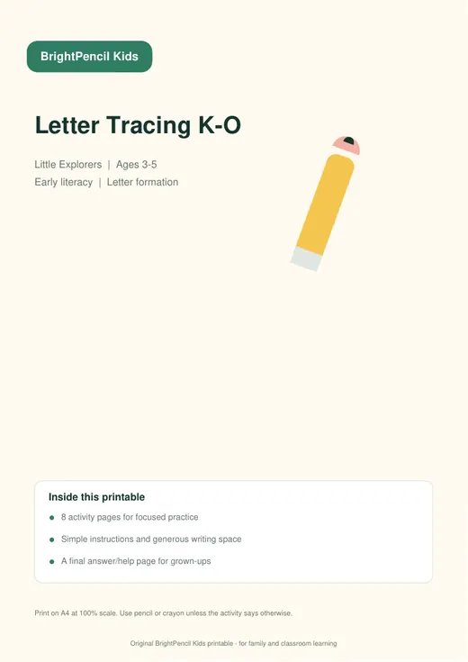 Letter Tracing K-O free printable worksheet preview