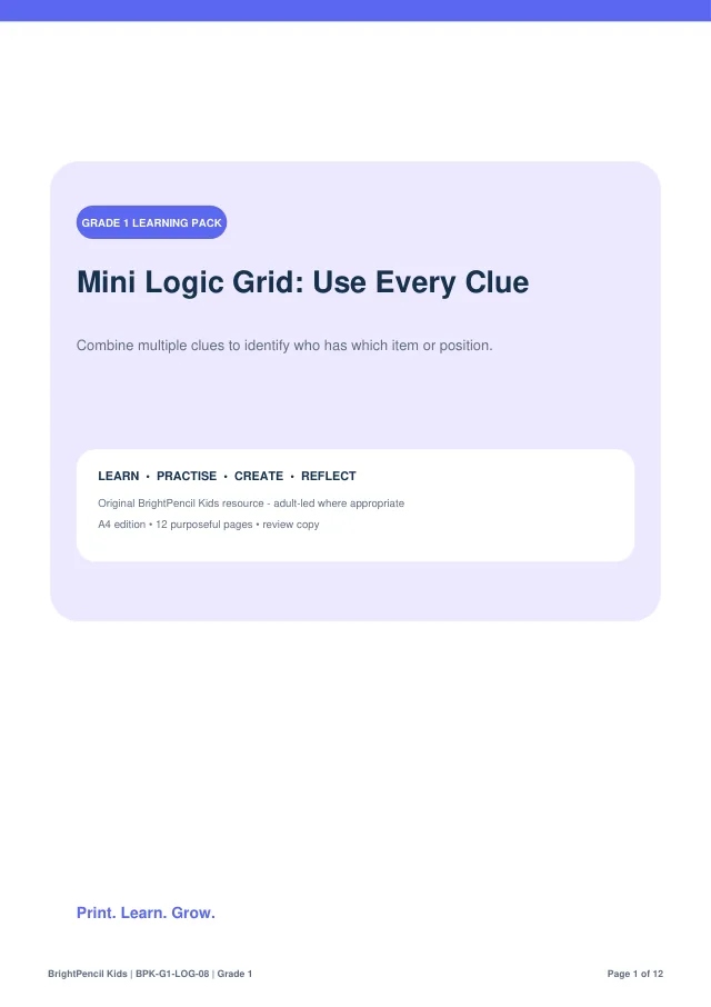 Mini Logic Grid: Use Every Clue free printable worksheet preview