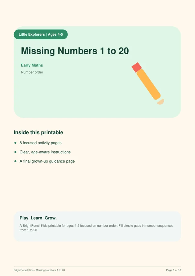 Missing Numbers 1 to 20 free printable worksheet preview