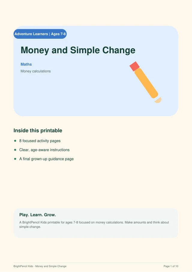 Money and Simple Change free printable worksheet preview