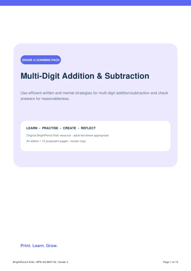 Multi-Digit Addition & Subtraction free printable worksheet preview
