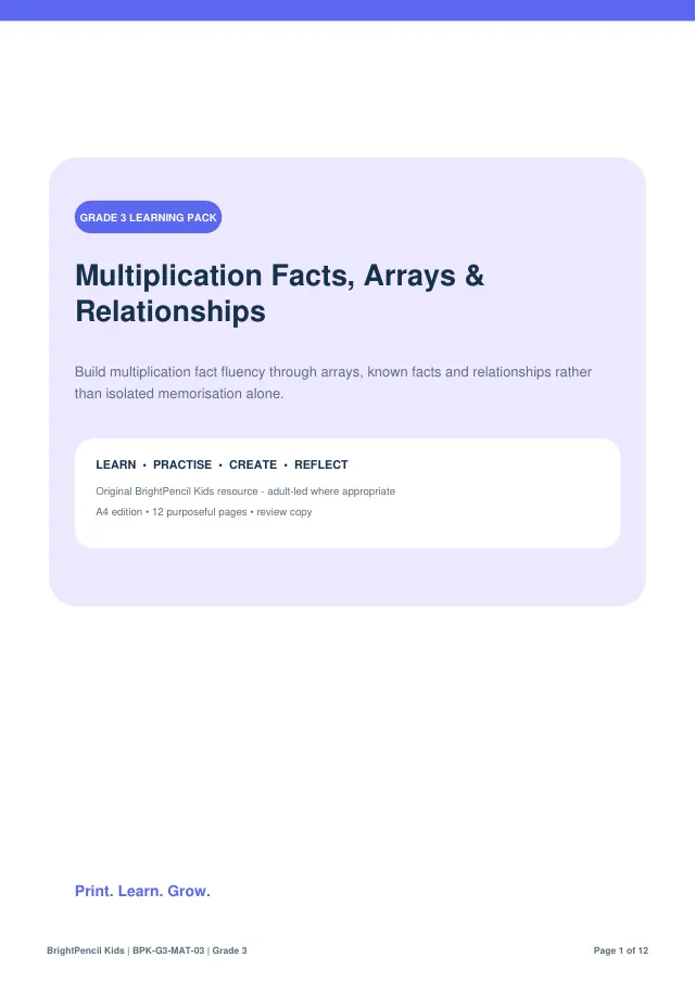 Multiplication Facts, Arrays & Relationships free printable worksheet preview