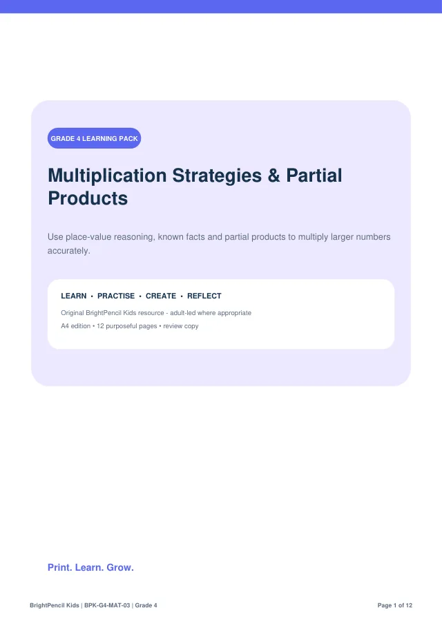 Multiplication Strategies & Partial Products free printable worksheet preview