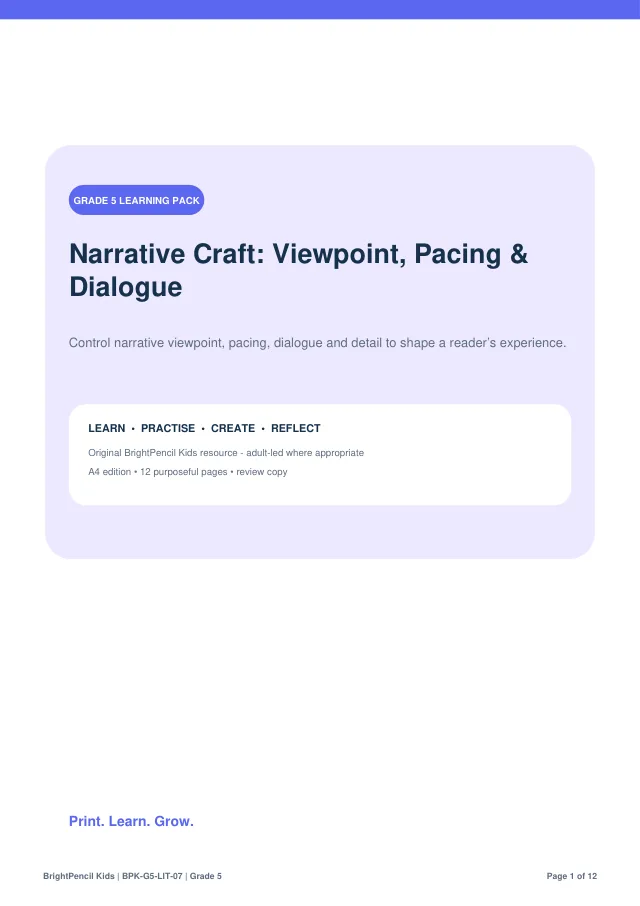 Narrative Craft: Viewpoint, Pacing & Dialogue free printable worksheet preview