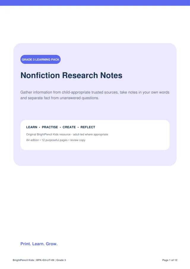 Nonfiction Research Notes free printable worksheet preview