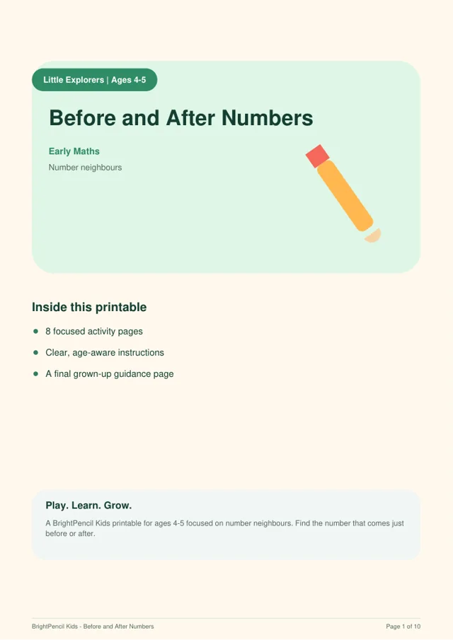 Before and After Numbers free printable worksheet preview