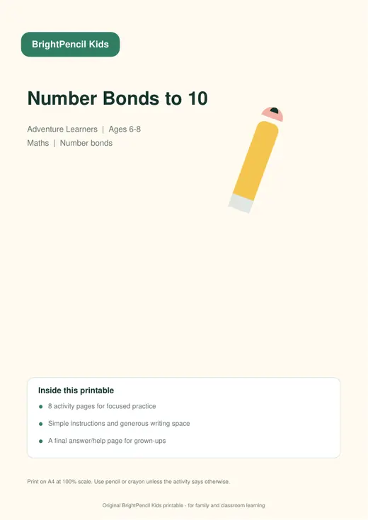 Number Bonds to 10 free printable worksheet preview
