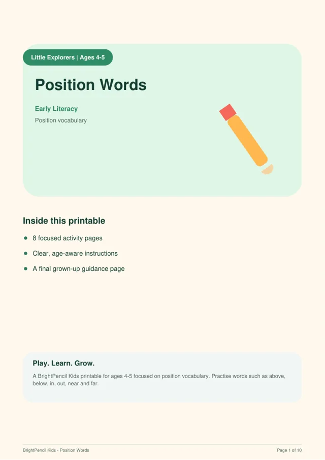 Position Words free printable worksheet preview