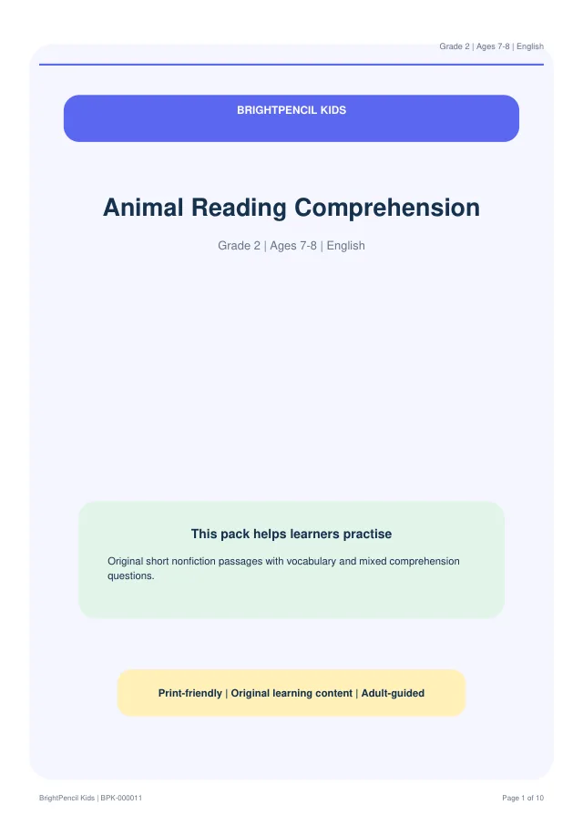 Animal Reading Comprehension free printable worksheet preview