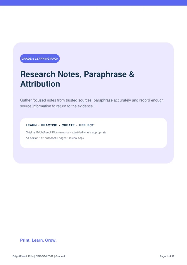 Research Notes, Paraphrase & Attribution free printable worksheet preview