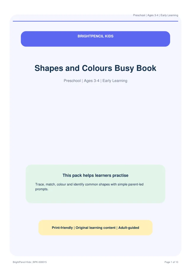 Shapes and Colours Busy Book free printable worksheet preview