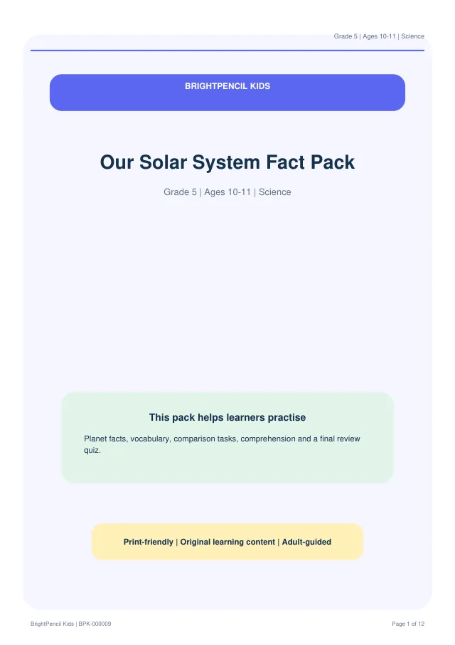 Our Solar System Fact Pack free printable worksheet preview